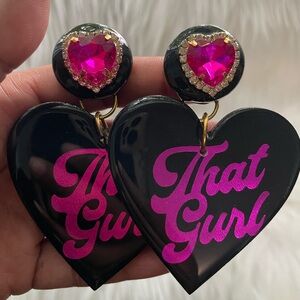 Bold 'That Gurl' Heart Statement Earrings with Pink Gemstones